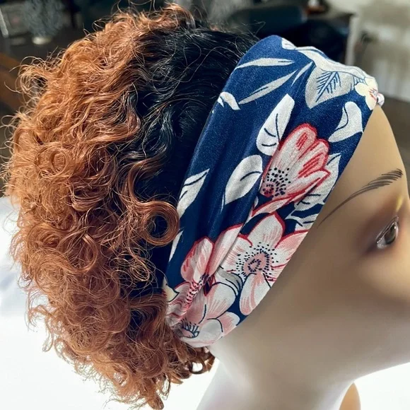 💯% HUMAN Hair Wig, Headband Pixie Cut Curly, Glueless Ombre Black to Copper